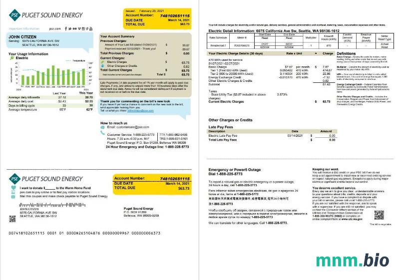 USA Washington Puget Sound Energy rachunek za media szablon w formacie Word i PDF, 2 strony, Wersja 2